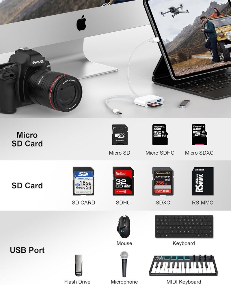 Haoano SD Card Reader for iPhone, iPad, Samsung, Memory SD Card Reader USB C&Lightning Dual Port Micro SD Card Reader with USB Camera Adapter Plug and Play Trail Game Camera Card Viewer Supports SD/TF Card - Image 4